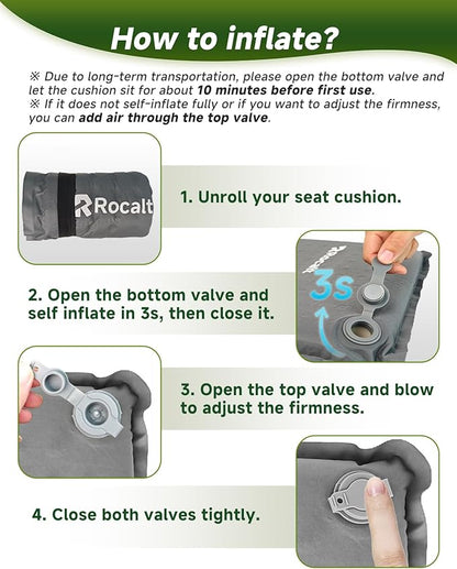 Rocalt Inflatable Seat Cushion,Self-Inflating Memory Foam Stadium Seats Cushion, Portable Air-Foam Bleacher Cushion, Lightweight & Compact Travel Seat Cushion for Camping, Airplane, Car, Sports Events
