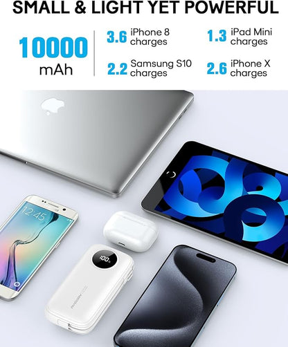Ayeway Small Power Bank with Built-in Cable,10,000mAh USB C Fast Charge Battery Pack Portable Charger with 4 Output,Lightweight External Backup Battery Phone Charger for iPhone,Samsung,5V Heated Vest