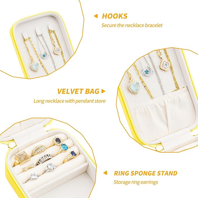 BONNY DODO Small Travel Jewelry Organizers Box for women with PU Leather Portable Mini Jewelry Case with compartments for Necklace Rings Earrings,Luxury Giftable boxes. (Yellow, M)