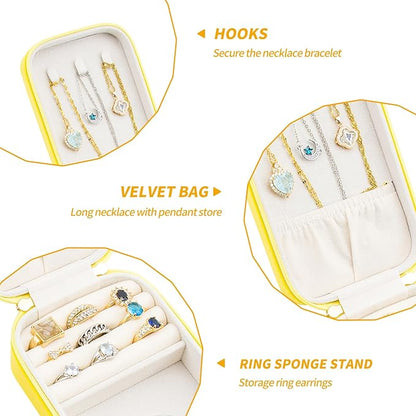 BONNY DODO Small Travel Jewelry Organizers Box for women with PU Leather Portable Mini Jewelry Case with compartments for Necklace Rings Earrings,Luxury Giftable boxes. (Yellow, M)
