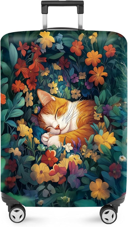 ANNA QUEEN Dreamy Cat Luggage Cover, Cat Sleeping in a Flower Field Design, Stretchable, Washable Travel Protector for 28-30 Inch Luggage