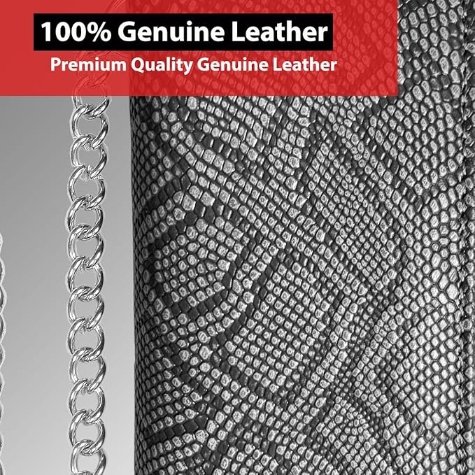 CLASSIC Motorcycle Chain Wallet for Men – Premium Cowhide Leather, RFID Bi-Fold Biker Wallet with Heavy Duty Chain for Bikers Truckers & Hunters, Credit Card Money Organizer Long Wallet Snake Black