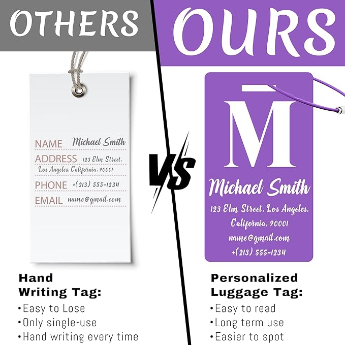 4 PCS Personalized Luggage Tags for Suitcase, Custom Engraved Aluminum Luggage Tags with Your Personalized Text Logo, Metal Name Tags with Steel Loop for Bag, Suitcase, Backpack (Purple, Large)