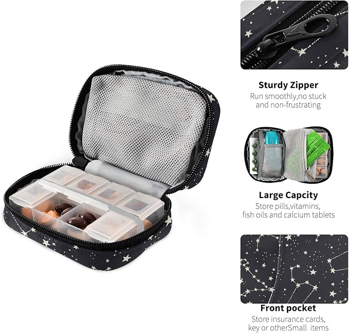 Black Stars Pill Organizer Box Case Container Holder 7 Days Weekly Travel Cute Vitamin Dispenser Sorter Planner Storage Small Compact Men Women