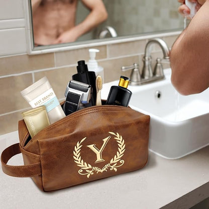 Personalized Travel Toiletry Bag Engraved Letter Leather Kit, Shaving Bag for Toiletries Accessories, Gifts for Men(Y)