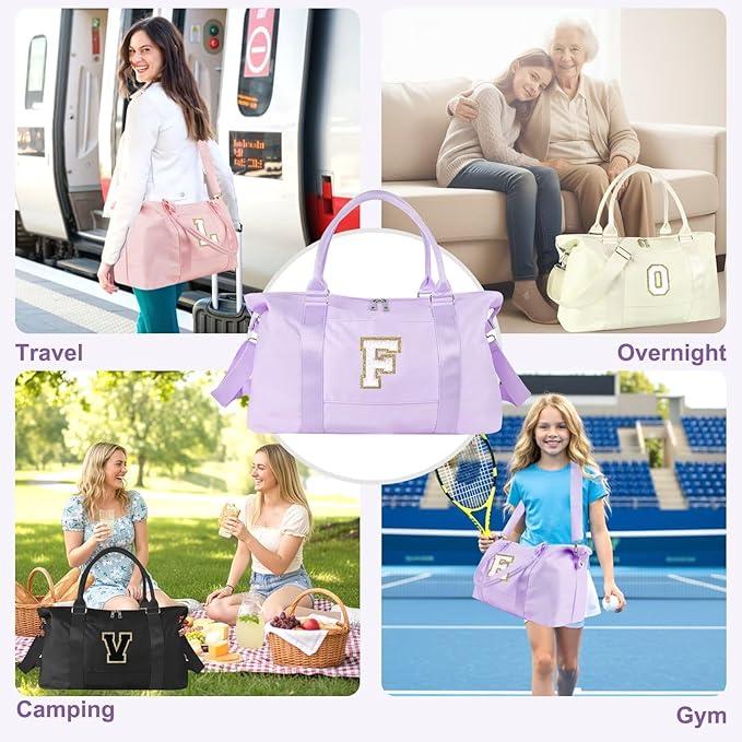 Dance Gym Duffel Bag for Teen Girls, Personalized Initial Travel Weekender Bag,Cute Overnight Carry On Duffle for Women,Sports Travel Cheer Bag,Monogram Christmas Gifts for Tween Preppy(purple-F)