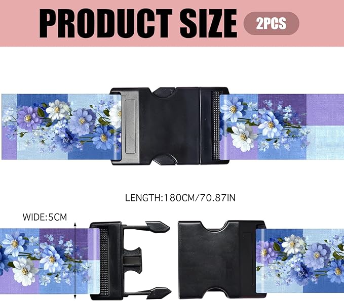 Nuxovilar Luggage Straps of 2 Set Blue & Purple Flowers Pattern, 1.96x90.5 inches - Luggage Straps for Suitcases, Nice for Travel, Weekend Trips, Vacations