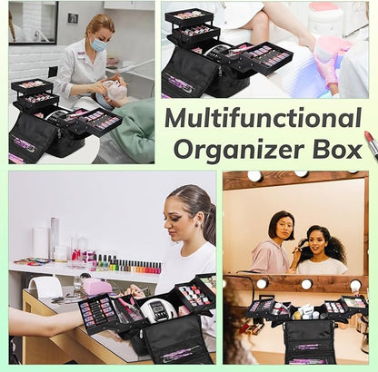 Deciniee Travel Makeup Bag, 4 Trays Large Cosmetic Bag for Woman with Adjustable Dividers, Organizer Bag Waterproof, Travel Essentials Cosmetic Bag, Train Case for Nail Tech Black