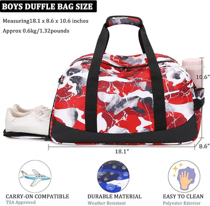 JIANYA Kids Duffle Bag Boys Sports Gym Bag with Shoe Compartment & Wet Pocket, Kids Carry On Weekender Travel Bag, Camo Red