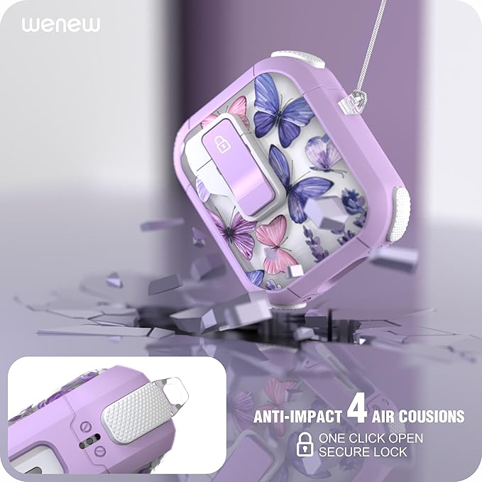WENEW Case for AirPods 1 & 2 Case Cover Secure Lock Automatic Snap Switch Clip Cleaner Kit Lanyard Women Stylish Flower Armor Hard Shell (Butterfly, AirPods 1st & 2nd)