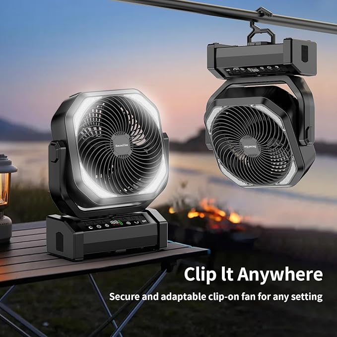 Socool Camping Fan with Light - 20000mAh Rechargeable Battery Fan, 112Hrs Max Run Time, 9 Speeds, Digital Display, Timer, Auto Oscillation, 270° Pivot & Hook for Camping, Power Outage, Hurricane