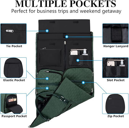 Garment Bag for Travel With Toiletry Bag Convertible Carry On Weekender Bag Large Travel Duffel Bags for Women 2 in 1 Hanging Suitcase Suit Travel Bags for Women & Men 3pcs Set (H-Green)