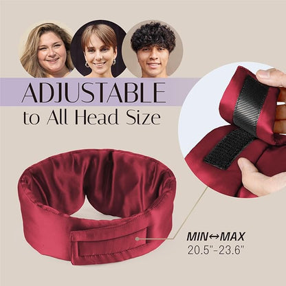 Silk Sleep Mask Soft Pressureless: 100% Mulberry Silk for Eye Skin Anti Wrinkles, Large Size for Total Blackout, Adjustable Wide Velcro Ear Cover, Burgundy