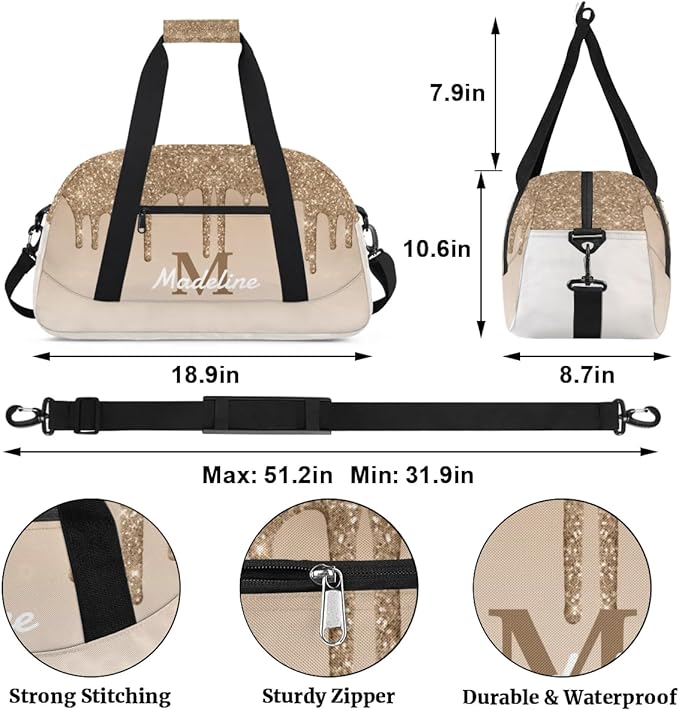 Personalized Kids Sports Duffel Bag with Name Custom Weekender Overnight Bag for Boys Girls Gym Bag Travel Dance Gymnastics Duffel Bag, Tan Glitter