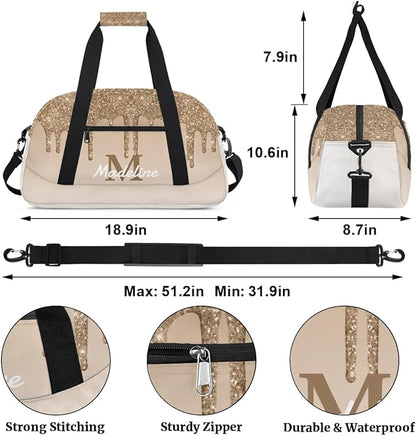 Personalized Kids Sports Duffel Bag with Name Custom Weekender Overnight Bag for Boys Girls Gym Bag Travel Dance Gymnastics Duffel Bag, Tan Glitter