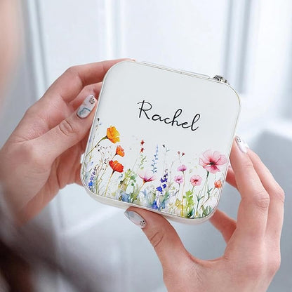 Custom Travel Jewelry Case With Mirror Small Leather Custom Name Birth Flower Jewelry Travel Case Birthday Jewelry Box Christmas Gifts For Mother Grandma Daughter Women Size 4×4×2INCH