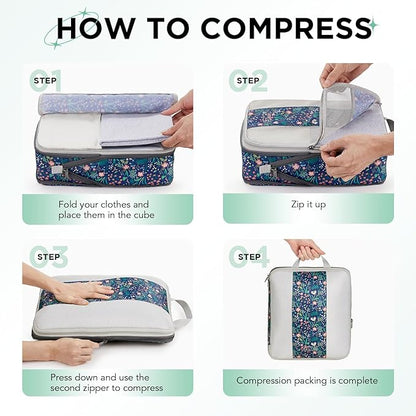 2 Set Compression Packing Cubes for Travel Essentials,Compressible Expandable Packing Cubes for Suitcase,OlarHike Luggage Organizer Bags for Travel(Dark Blue Floral)