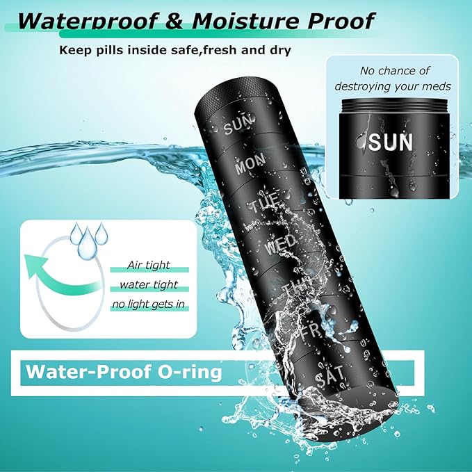 Aluminium Travel Pill Organizer,Weekly Metal Pill Case,Pill Holder, Moisture Proof Waterproof Daily Pill Box 7 Day, Large Pill Container to Hold Vitamins,Medication,Supplements【Black】