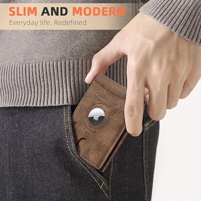 RUNBOX AirTag-Wallet-Mens-Slim-RFID Blocking Wallets Leather with Bill Compartment Air Tag Bifold Card Holder Wallet Gifts for Men Dad