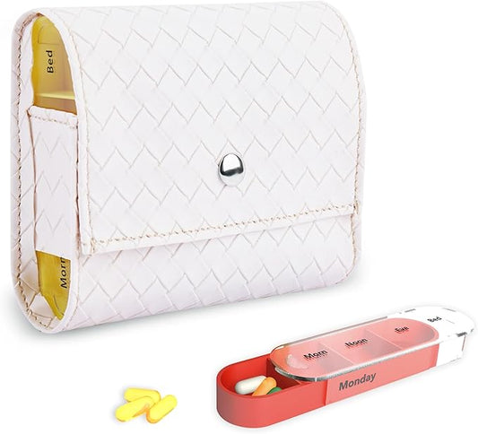 Pill Organizer,LIZIMANDU Weekly Travel Pill Case Box Medication Reminder Daily AM PM, Day Night 7 Compartments,for 4 Times A Day, 7 Days a Week-Includes Leather PU Carrying Case(1-Weave White)