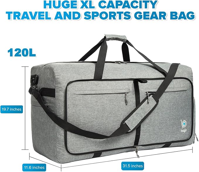 Bago Large Foldable Duffel Bags for Traveling Women & Men - 120L Packable Duffle Bag for Travel with Shoe Compartment - Water Repellant, Heavy Duty, Lightweight Folding & Collapsible (SnowGray)