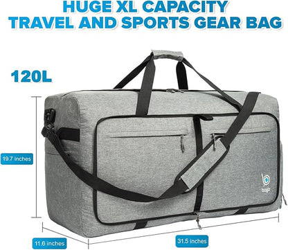 Bago Large Foldable Duffel Bags for Traveling Women & Men - 120L Packable Duffle Bag for Travel with Shoe Compartment - Water Repellant, Heavy Duty, Lightweight Folding & Collapsible (SnowGray)