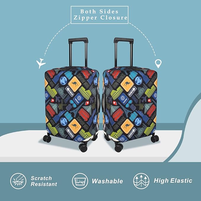 Explore Land Travel Luggage Cover Suitcase Protector Fits 27-30 Inch Case (Bon Voyage, L)