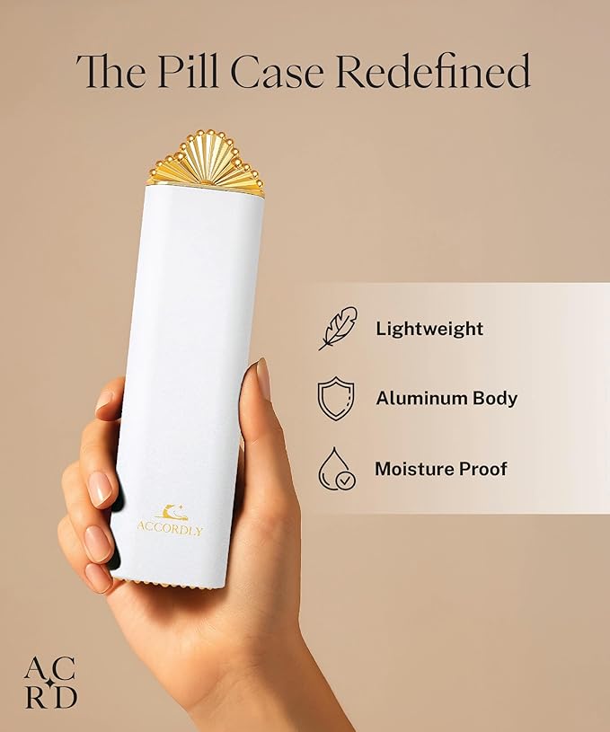 Premium Weekly Pill Organizer, 7-Day Compact Pill Case for Purse, Lightweight Gold Aluminum Pill Box for Vitamins, Medicine, Supplements, Luxury Wellness Gift