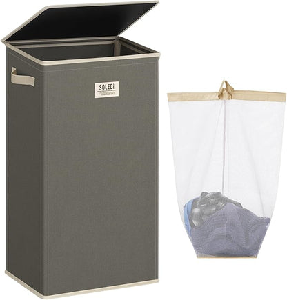SOLEDI Laundry Hamper with Lid 100L Large & Tall Collapsible Laundry Basket, Clothes Hamper with Bag Removable Easy to Carry, Dirty Hampers for Bedroom, Bathroom, Dorm, College, Cement