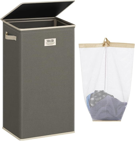 SOLEDI Laundry Hamper with Lid 100L Large & Tall Collapsible Laundry Basket, Clothes Hamper with Bag Removable Easy to Carry, Dirty Hampers for Bedroom, Bathroom, Dorm, College, Cement