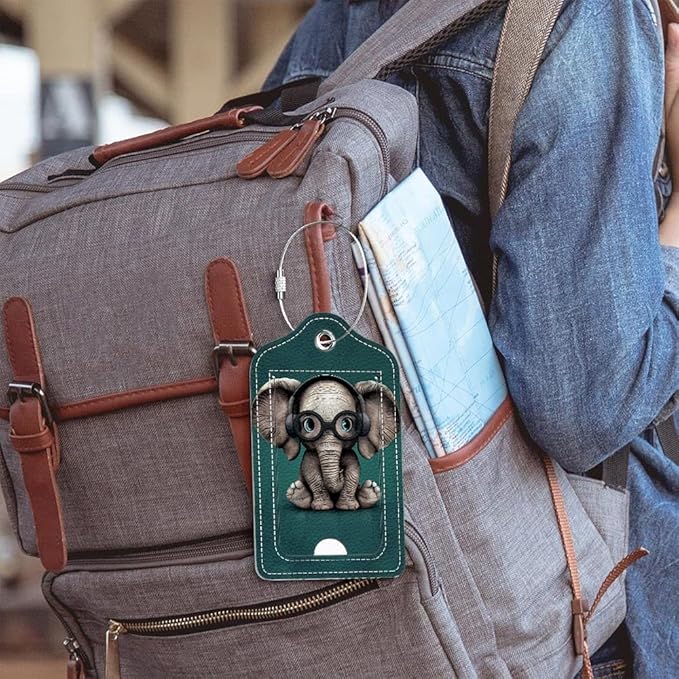 Funny PU Leather Luggage Tags 2-Pack with Headphones Cute Little Elephant Cute Pattern Suitable for Suitcase Stainless Steel Loop and Address Card Essential for Cruise and Airport Travel