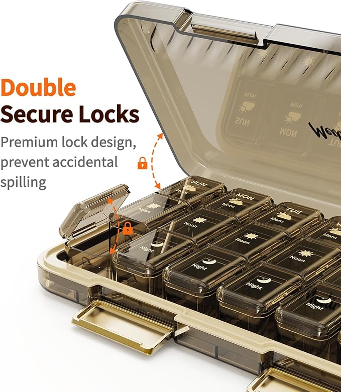 Pill Organizer 3x a Day, Large 7 Day 3 Times a Day Weekly Pill Box with 7 Detachable Pill Containers, Portable Daily Travel Medicine Pill Case Medicine Organizer for Vitamin Fish Oil Supplement, Brown