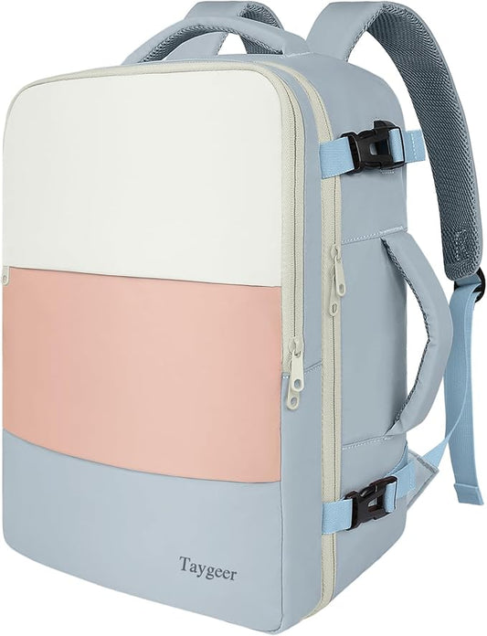 Taygeer Carry on Backpack for Women, Personal Item Travel Bag with USB Port, 15.6 Inch Laptop Compartment, TSA Approved Weekender Backpack for Business Hiking, Beige Gray Pink