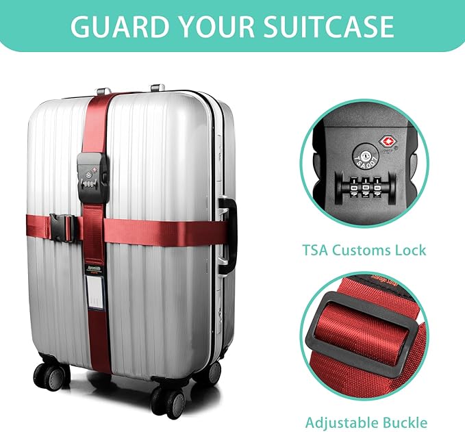 Cross Luggage Strap Belt for 20"-32" Suitcase with TSA Approved 3-Dial Combination Lock Wide Adjustable Packing Straps Travel Accessories, Red