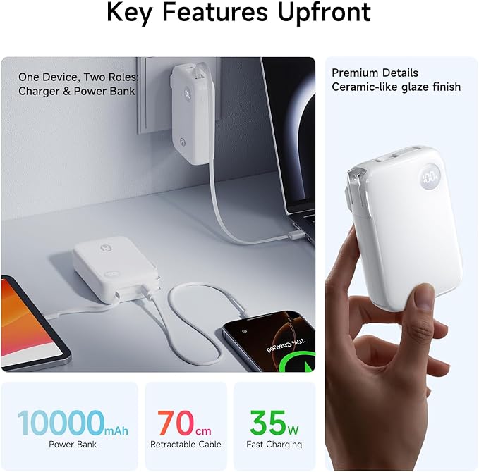 HOU 10000mAh Portable Power Bank with Retractable USB-C Cable, 35W Fast Charging, Dual Device Charging, Foldable Wall Plug, FCC/UL Certified 3 in 1 PD Charger for iPhone, Samsung, iPad, etc