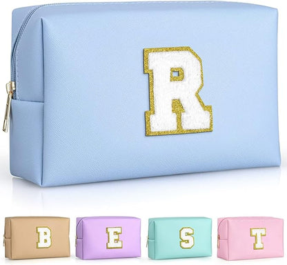 TOPEAST Cosmetic Travel Bags for Women, Preppy Small Makeup Bag, PU Leather Waterproof Toiletry Bag, Unique Friendship Gifts for Friends Coworker, Cute Stuff for Girls (Sky Blue R)