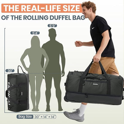 Fanwoli 30'' Large Rolling Duffle Bag with 2 Wheels - No-Sag Design for Heavy Loads, Expandable 100L-120L Duffel Wheeled Luggage with Soft Handle & Lock, Waterproof Foldable for Travel, Camping,Moving