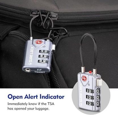 SURE LOCK TSA Approved Combination Luggage Locks with Open Alert Indicator – Durable Zinc Alloy Cable Travel Locks with Large Easy-Read Dials for Suitcases, Backpacks & Gym Bags(Grey 4 Pack)