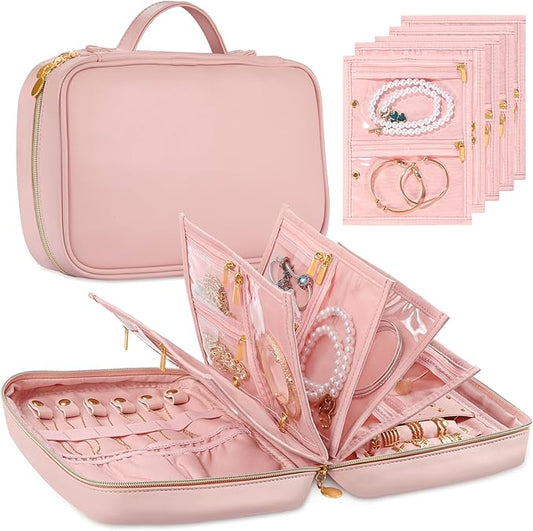 Leather Travel Jewelry Case Organizer,Jewelry Storage Book Binder with Clear Zipper Pouch & Lining-Portable Jewelry Bag for Earrings,Rings,Necklaces,Bracelets (Pink)