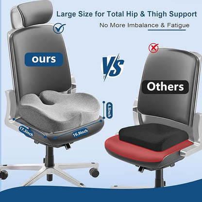 Seat Cushion for Office Chair for Wide Hip & Thigh with Firm Support, Thickened Memory Foam Sciatica Pain Relief Pillow for Proper Posture, Ergonomic Tailbone Pain Relief Cushion for Car Seat, Home