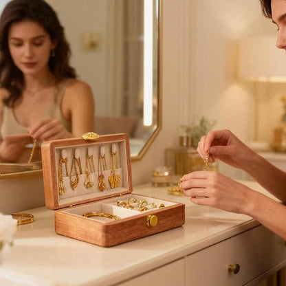 Travel Jewelry Case Small Wood Jewelry Organizer Jewelry Box for Women (Nut-Brown Print)