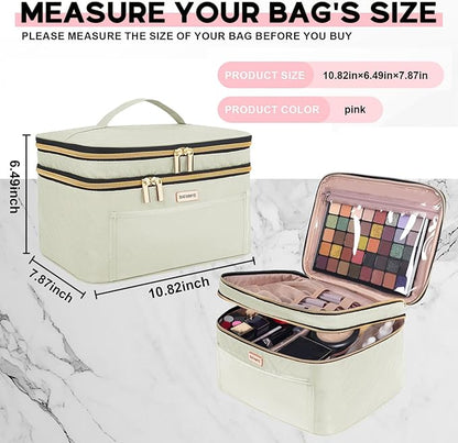 8.8L Double Layer Travel Makeup Bag Women, Large Cosmetic Case, Organizer for Travel-Size Accessories Bottles, Brushes, and Skin Care Products, Beige 2.33 GAL