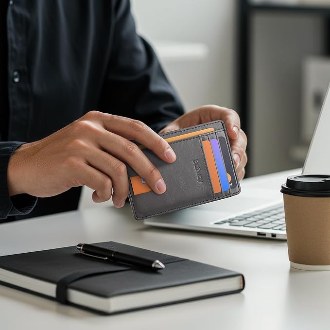 Buffway Slim Minimalist Front Pocket RFID Blocking Leather Wallets for Men and Women - Alaska Grey