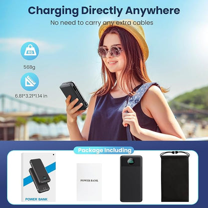 Portable Charger 33800mAh USB C Power Bank with Built-in Cables & AC Wall Plug,25W Fast Charging+QC 4.0 Phone Charger,4 Output Travel Essentials Battery Pack for iPhone16/15/14/13,Samsung,Android etc