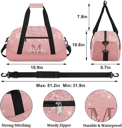 Personalized Kids Sports Duffel Bag with Name Custom Weekender Overnight Bag for Boys Girls Gym Bag Travel Dance Gymnastics Duffel Bag, Pink Glitter