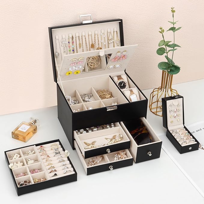 DesignSter Jewelry Organizer Box, Large Capacity 3 Layers, Travel Jewelry Case, Mirror, for Necklaces Earrings Rings Bracelets Watches (Black)