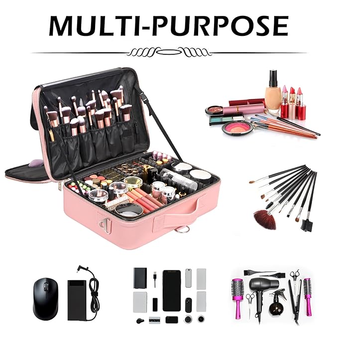 gzcz Large Capacity Travel Makeup Case Organizer,Professional Cosmetic Bags for Women,Waterproof PU Leather Makeup Bag with Adjustable Dividers and Shoulder Strap for Brushes and Jewelry