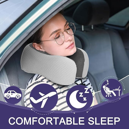 napfun Neck Pillow for Traveling, Upgraded Travel Neck Pillow for Airplane 100% Pure Memory Foam Travel Pillow for Flight Headrest Sleep, Portable Plane Accessories, Striped Light Grey Set