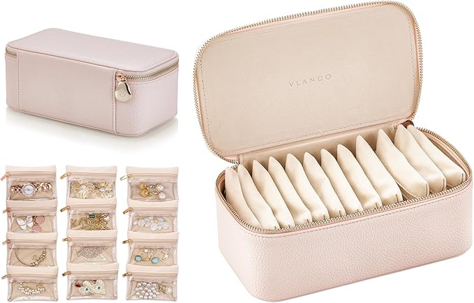 Vlando Travel Jewelry Box Organizer - 12 Small Velvet Zipped Pouches Pockets for Jewelries Necklaces Rings Earrings Sorting Storage, Rosy Mauve