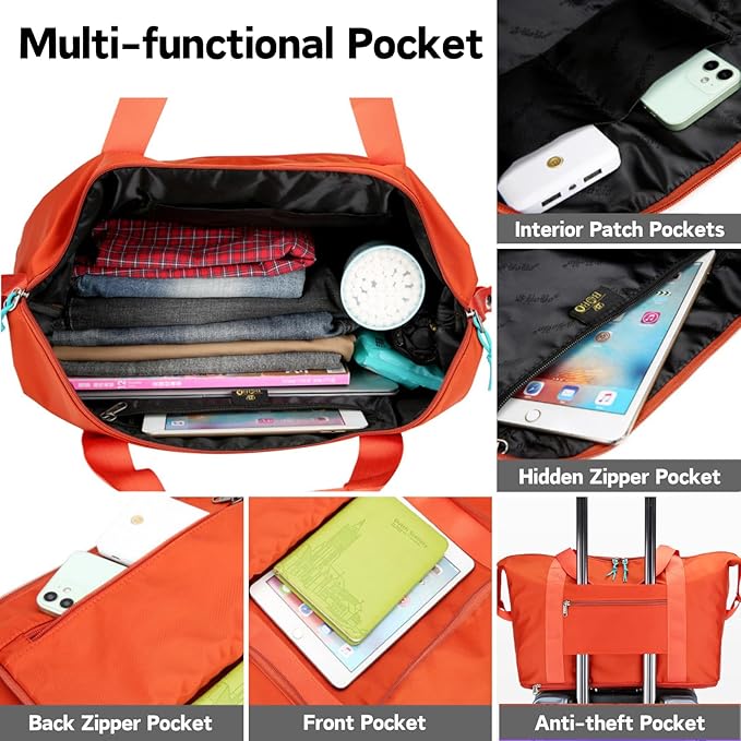 Expandable Travel Duffle Bag for Women Men, Lightweight Foldable Travel Tote Bags Gym Bag, Large Waterproof Carry On Weekender Overnight Bag with Wet Pocket for Workout, Fitness, Shopping Pink